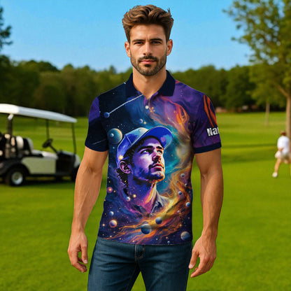 Custom Cosmic Portrait Polo Shirt – Personalized Surreal Galaxy Art with Your Face | Unique Gift for Golfers, Sports & Astrology Fans Style 2
