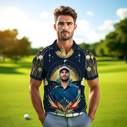 Custom Face Golf Polo Shirt – Swing in Gold Art Deco Revival Style | Personalized Golf Shirt for Men Style 1