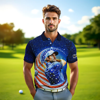 Custom Face Patriotic Golf Polo Shirt – Personalized USA Flag Design – American Pride Gift for Him – Mosaic Art Golf Shirt Style 11