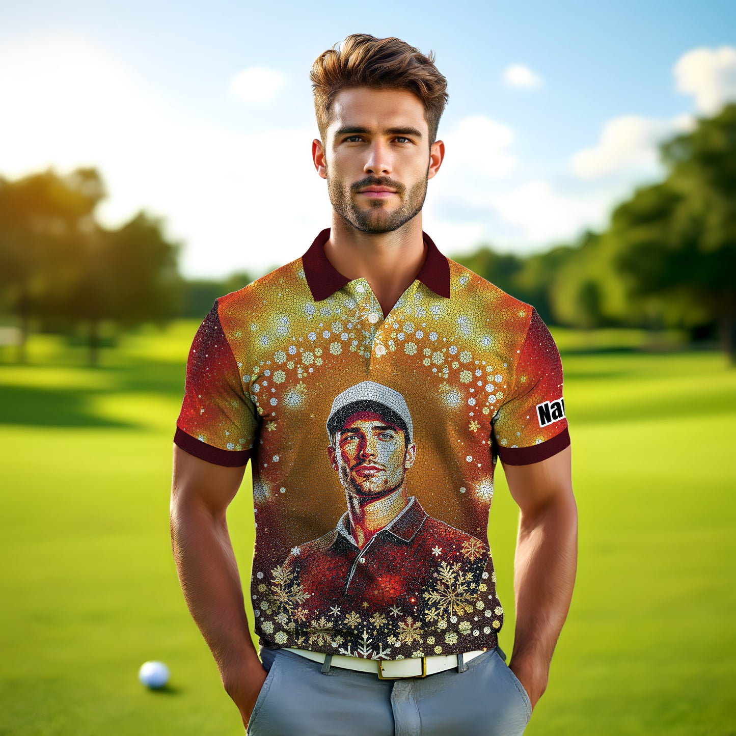 Custom Face Golf Polo Shirt – Personalized Christmas Golf Shirt for Him, Unique Holiday Gift for Golfer, Snowflake Design Golf Apparel Style 14