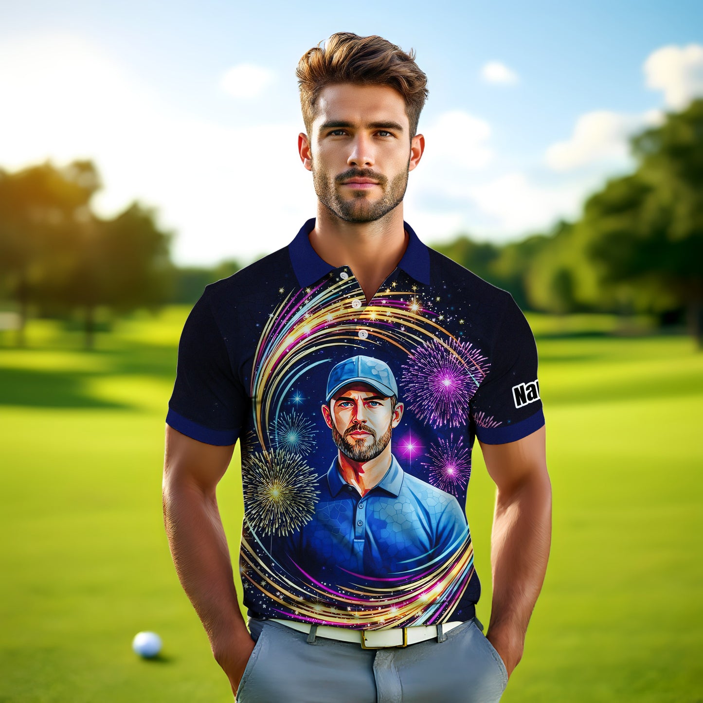 Custom Face Golf Polo Shirt – New Year Fireworks Edition | Personalized Golf Polo | Unique Holiday Gift for Him 2025 Style 1