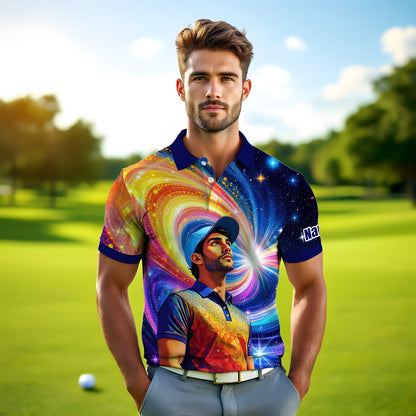 HomyGifts Men's Customized Face Artistic Golf Polo Shirt, Mosaic Art Style, Unique Personalized Golf Polo For Men