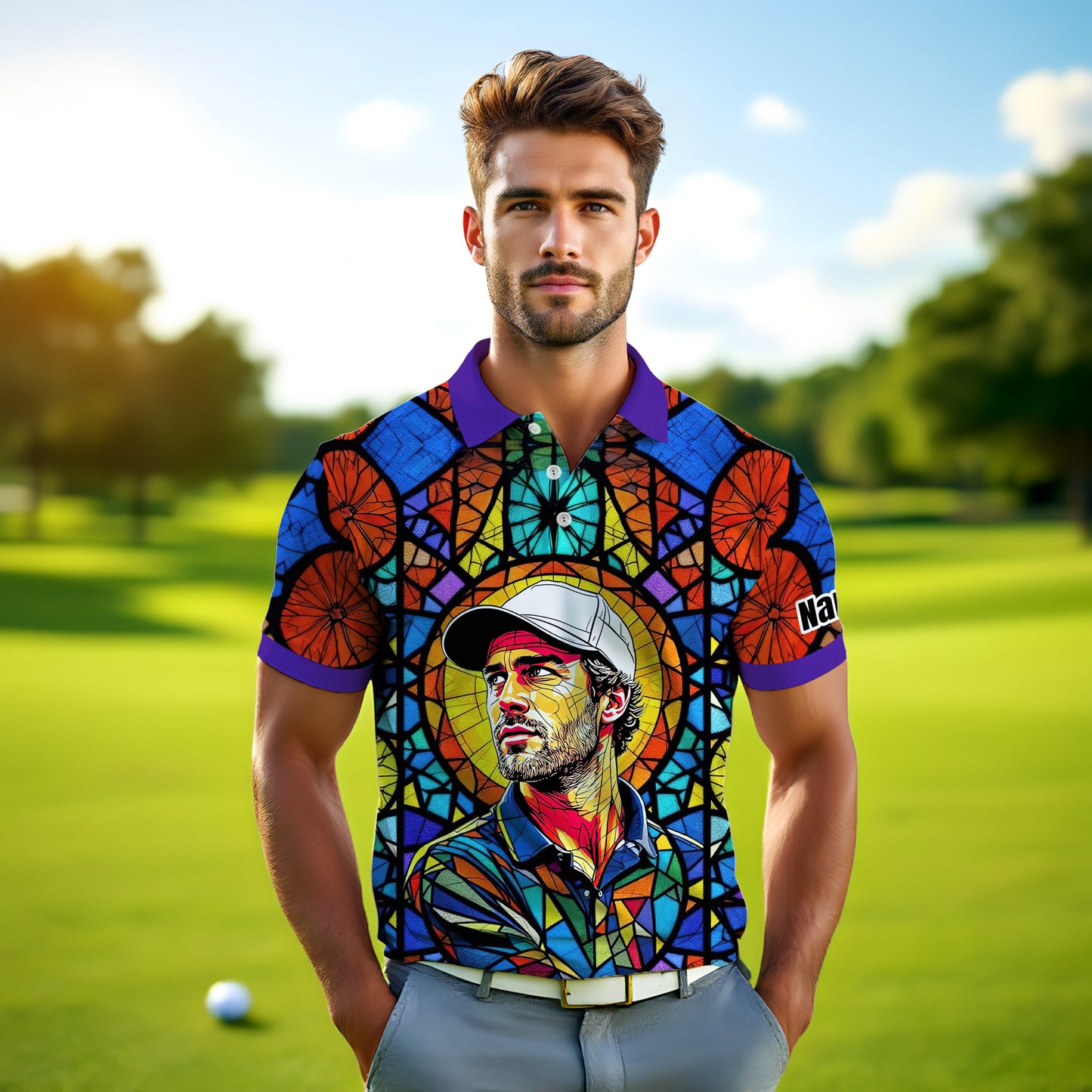Custom Face Golf Polo Shirt – Personalized Stained Glass Art Shirt, Unique Golf Gift for Him, Colorful Abstract Golf Polo, Custom Sportswear