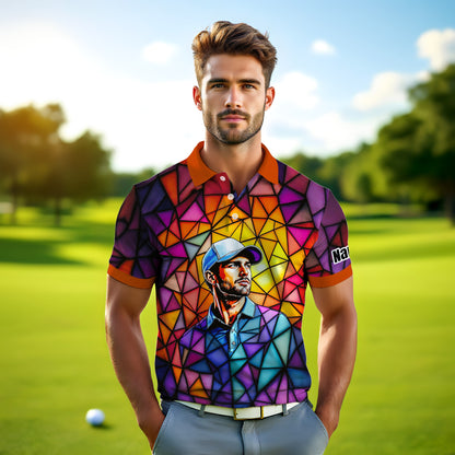 HomyGifts Men's Customized Face Artistic Golf Polo Shirt, Angular Geometric Glass Pattern, Stained-Glass Mosaic Print, Personalized Sublimation Golf Shirt, Vibrant Geometric Portrait Tee
