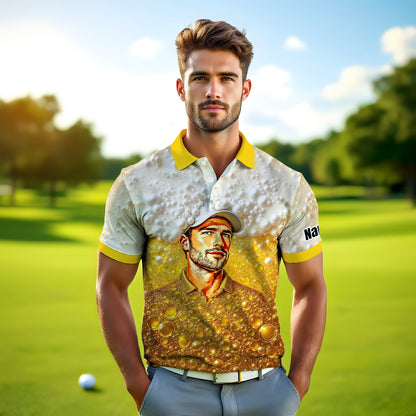 HomyGifts Men's Customized Face Artistic Golf Polo Shirt, Beer pattern Design, Special Gift for Beer & Golf Lovers, Summer Party Outfit, Unique Gift for Men Style 7