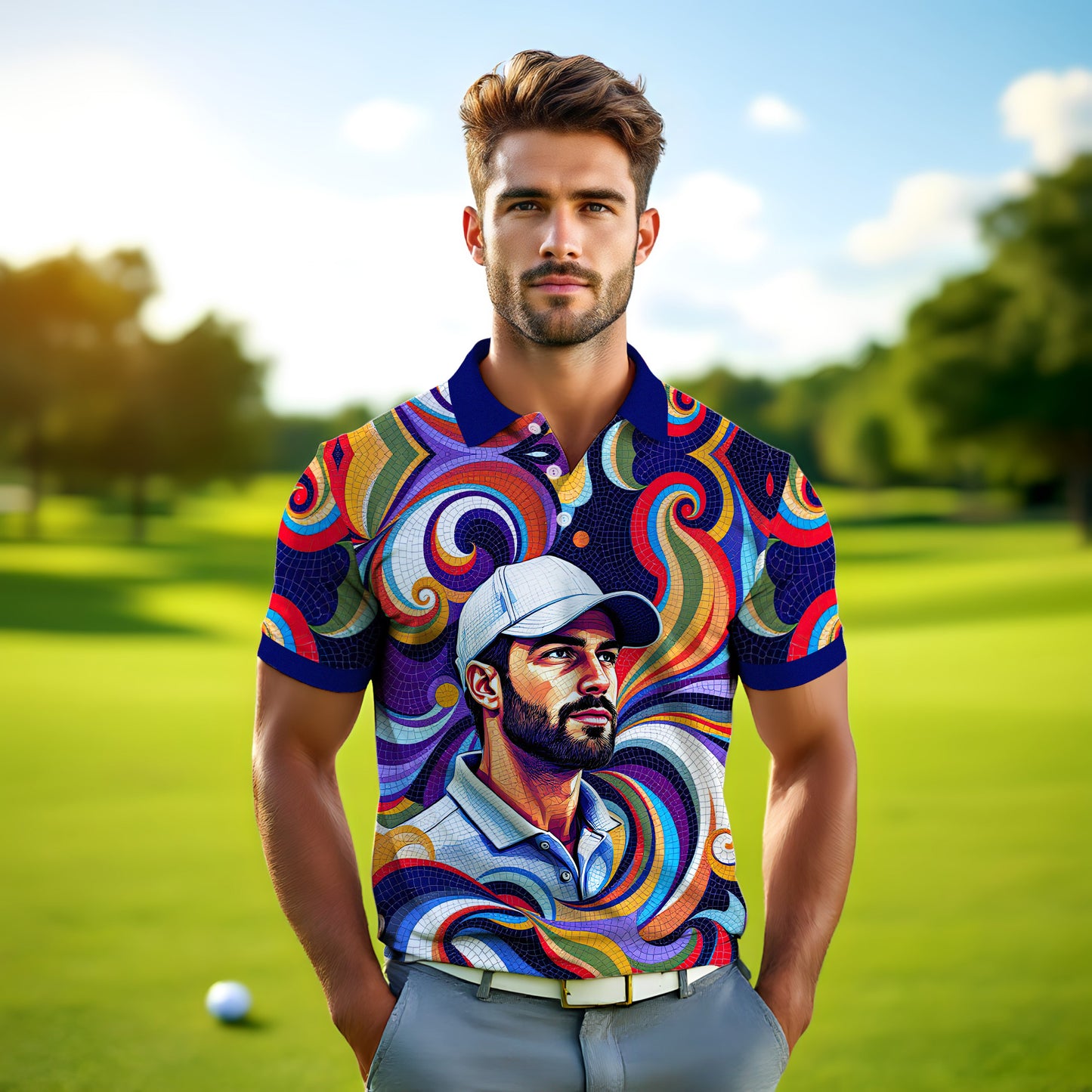 HomyGifts Men's Customized Face Artistic Golf Polo Shirt, Mosaic Art Style, Unique Personalized Golf Polo For Men Style 3