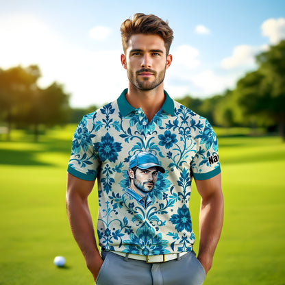 Custom Retro Pattern Art Polo Shirt – Personalized Face & Name | Vintage Floral Pattern Collared Shirt for Men Style 2