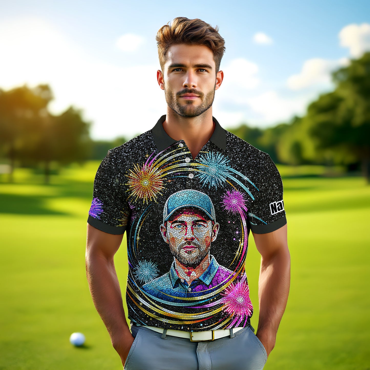 Custom Face Golf Polo Shirt – New Year Fireworks Edition | Personalized Golf Polo | Unique Holiday Gift for Him 2025 Style 5