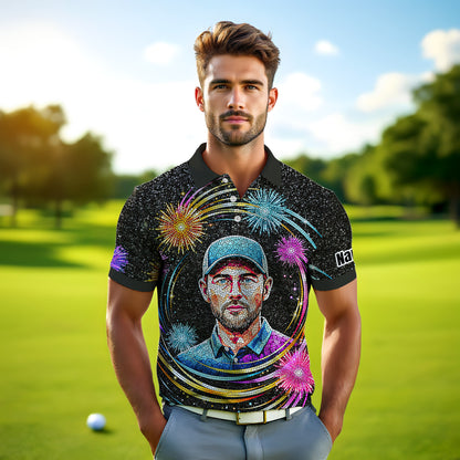 Custom Face Golf Polo Shirt – New Year Fireworks Edition | Personalized Golf Polo | Unique Holiday Gift for Him 2025 Style 5