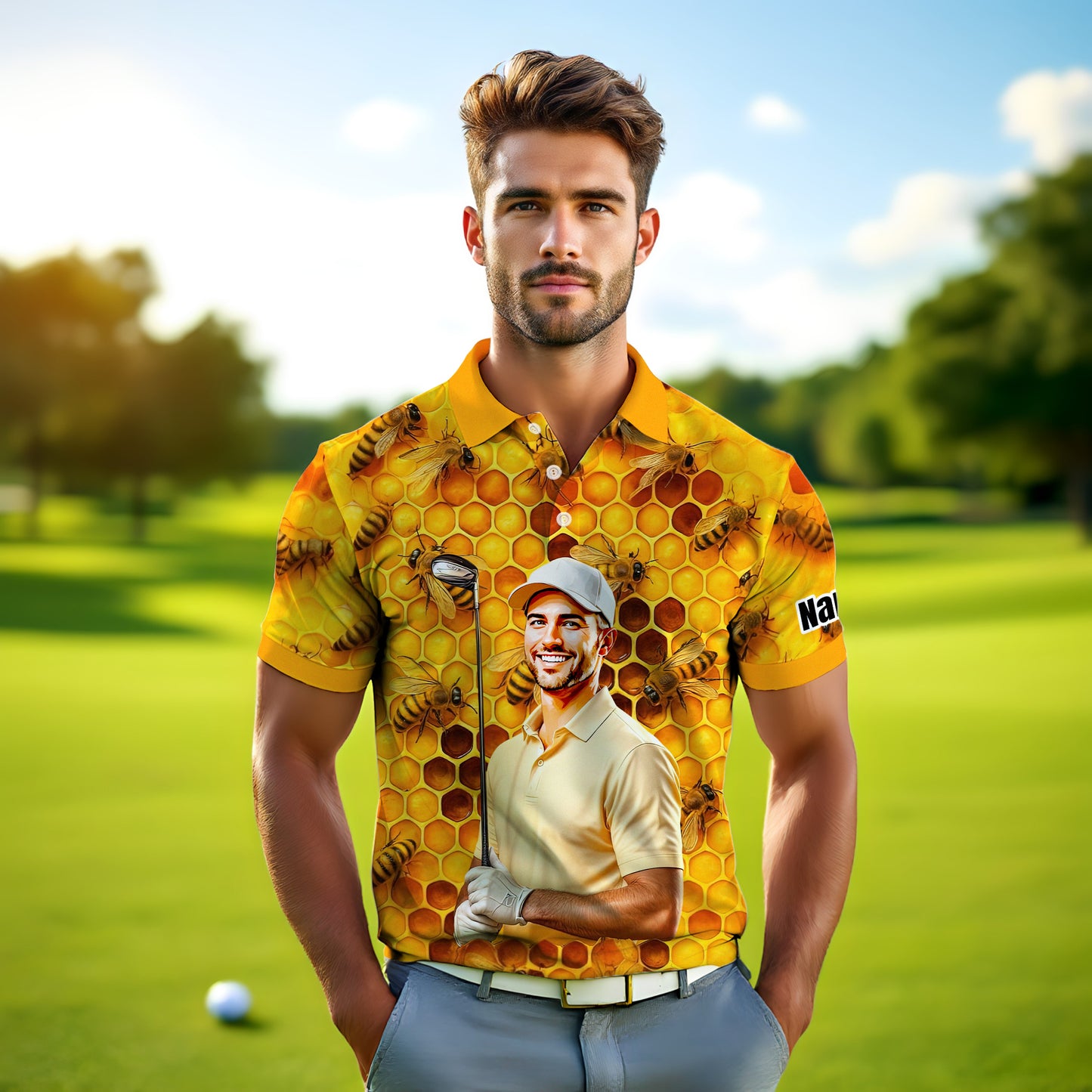HomyGifts Men's Customized Face Artistic Golf Polo Shirt, Personalized Bee & Honeycomb Polo Shirt with Face, Funny Honey Lover Outfit, Summer Polo for Men Style 2