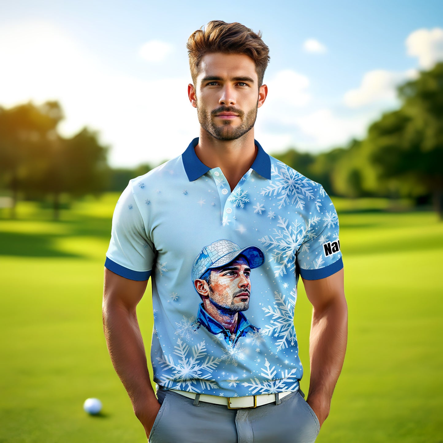 Custom Face Golf Polo Shirt – Personalized Christmas Golf Shirt for Him, Unique Holiday Gift for Golfer, Snowflake Design Golf Apparel Style 6