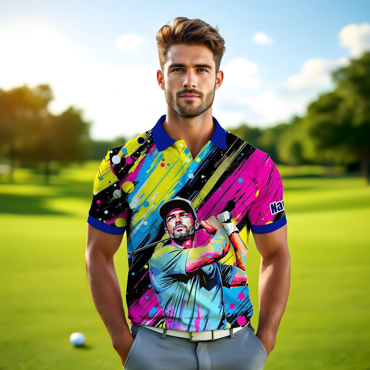 HomyGifts Men's Customized Face Artistic Golf Polo Shirt, Personalized Pop Art Golf Polo, Portrait Gift for Golfers Style 17