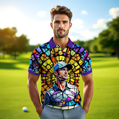 Custom Face Golf Polo Shirt – Personalized Stained Glass Art Shirt, Unique Golf Gift for Him, Colorful Abstract Golf Polo, Custom Sportswear