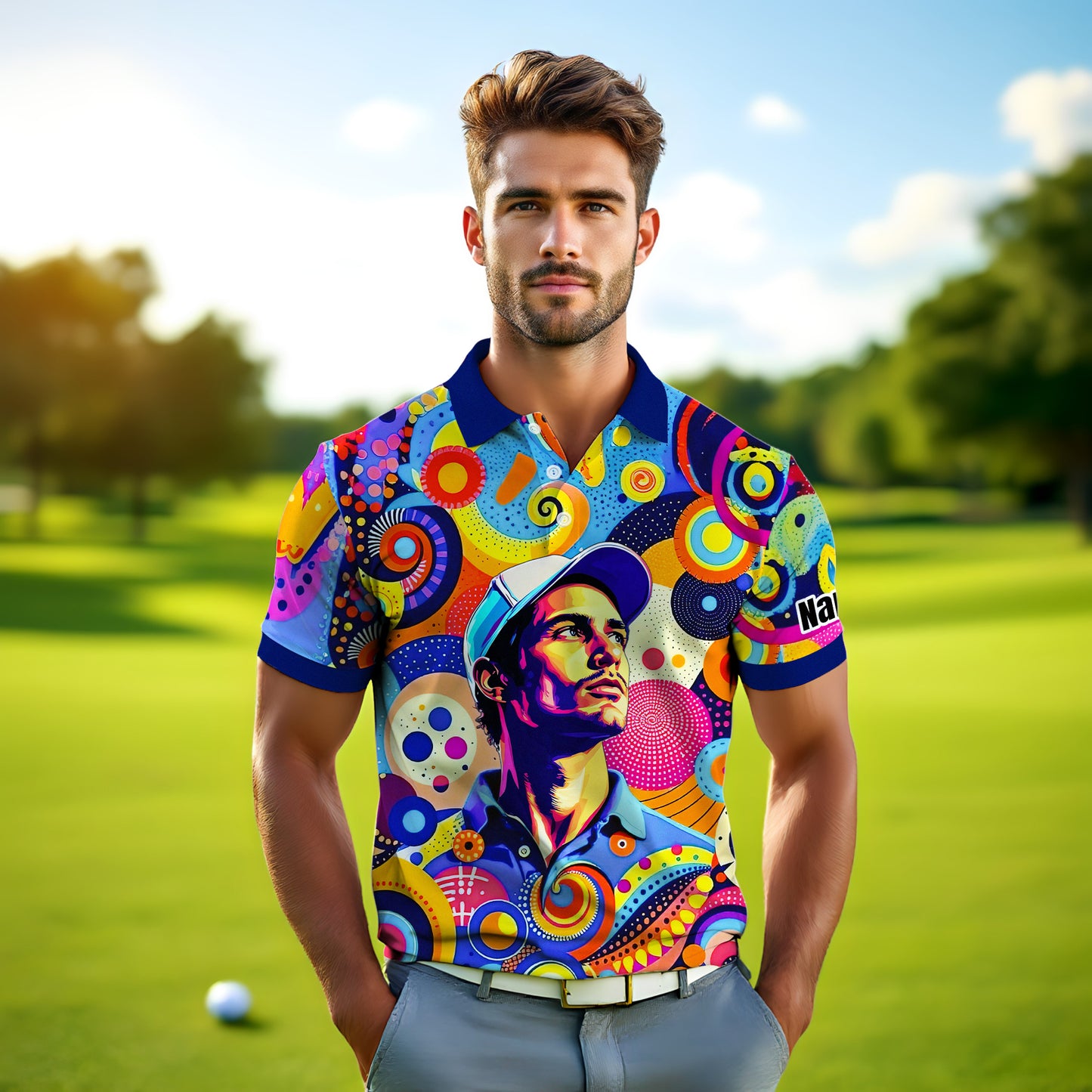 HomyGifts Custom Face Polo Shirt – Personalized Abstract Geometric Art Photo Shirt, Unique Gift for Him & Her