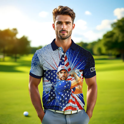 Custom Face Patriotic Golf Polo Shirt – Personalized USA Flag Design – American Pride Gift for Him – Mosaic Art Golf Shirt Style 1