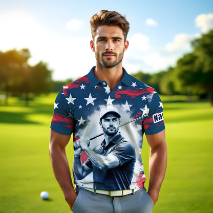 HomyGifts Men's Customized Face Artistic Golf Polo Shirt, Personalized American Flag Design, Unique Gift for Patriotic Golfers Style 29