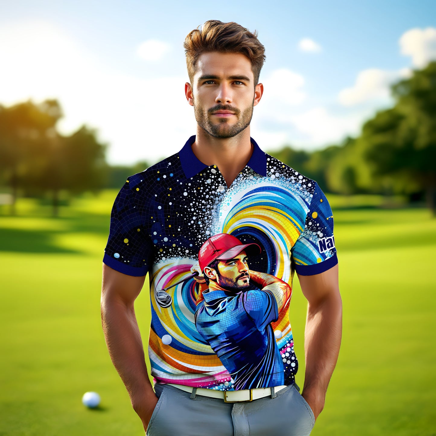 HomyGifts Men's Customized Face Artistic Golf Polo Shirt, Mosaic Art Style, Unique Personalized Golf Polo For Men Style 19