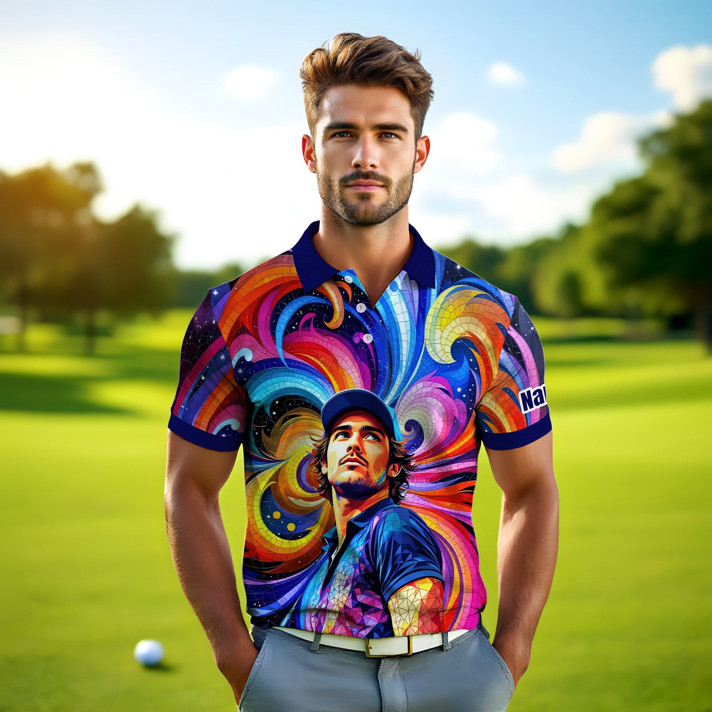 HomyGifts Men's Customized Face Artistic Golf Polo Shirt, Mosaic Art Style, Unique Personalized Golf Polo For Men