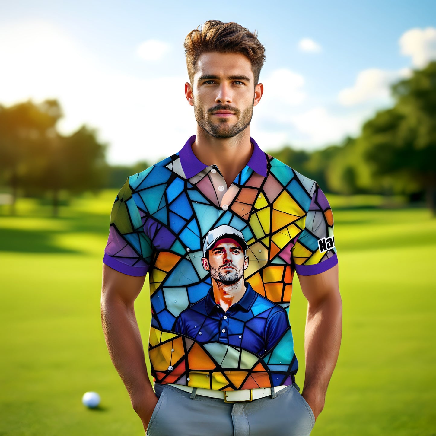 Custom Face Golf Polo Shirt – Personalized Stained Glass Art Shirt, Unique Golf Gift for Him, Colorful Abstract Golf Polo, Custom Sportswear