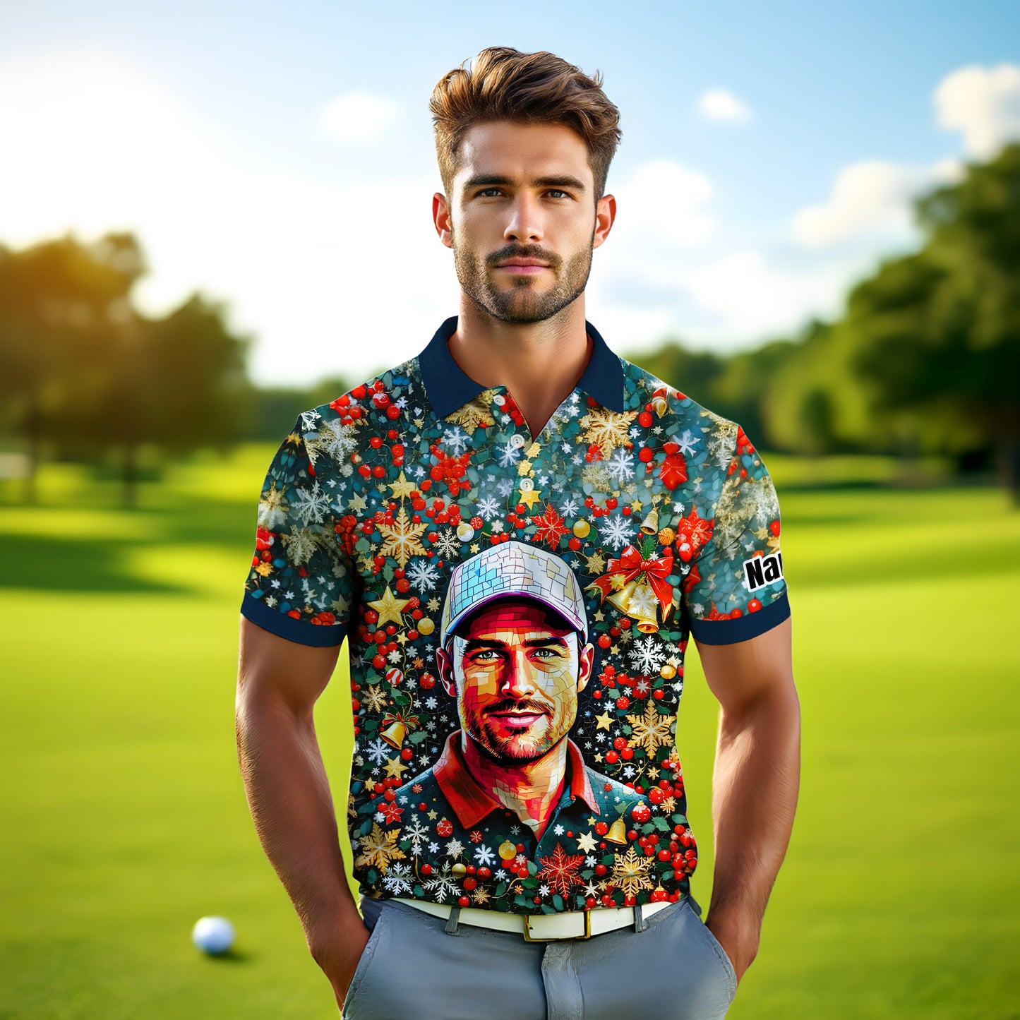 Personalized Christmas Golf Polo Shirt with Your Face – Custom Photo Holiday Shirt – Unique Mosaic Art Xmas Gift for Men, Custom Golf Apparel Style 8