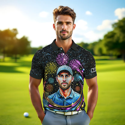 Custom Face Golf Polo Shirt – New Year Fireworks Edition | Personalized Golf Polo | Unique Holiday Gift for Him 2025 Style 9
