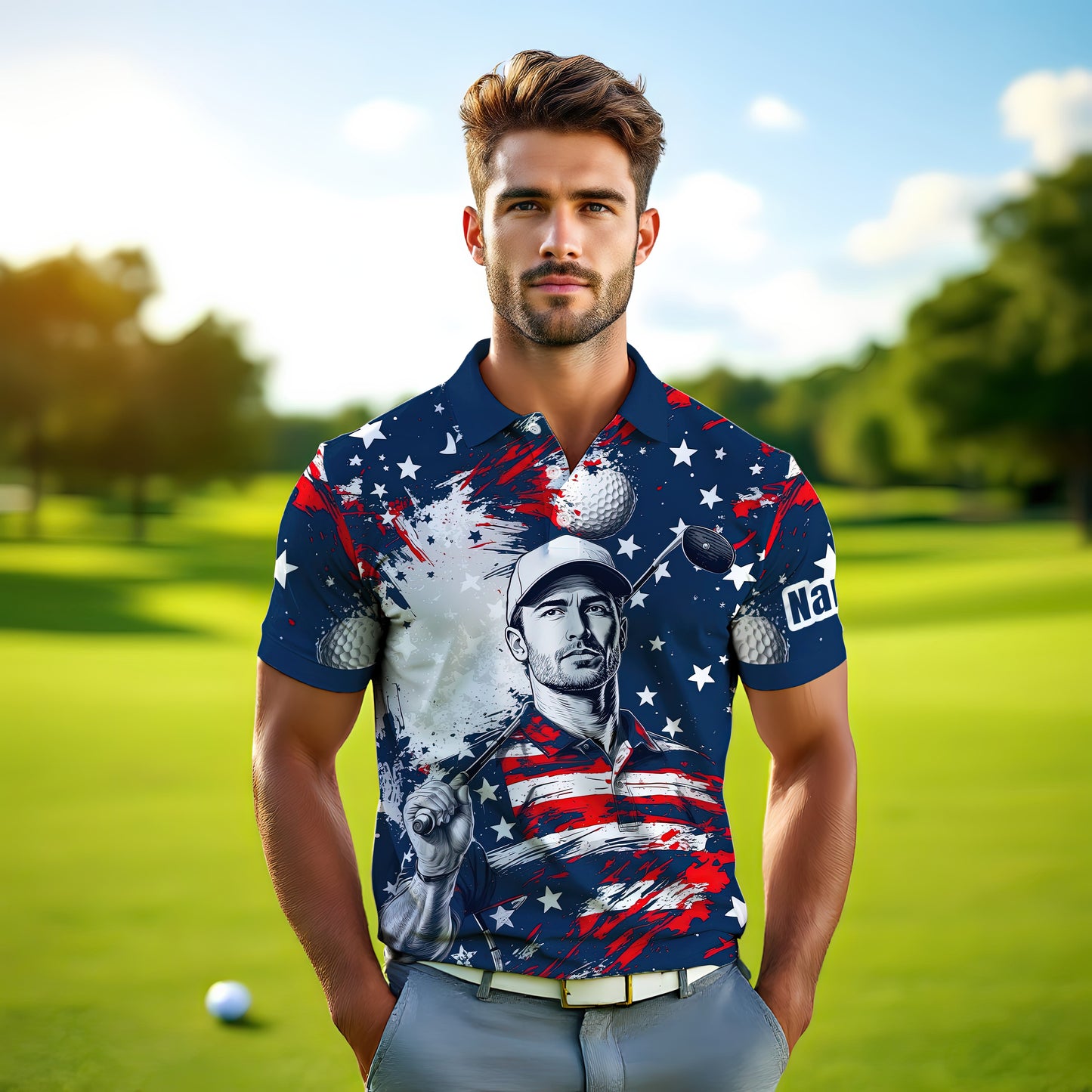 HomyGifts Men's Customized Face Artistic Golf Polo Shirt, Personalized American Flag Design, Unique Gift for Patriotic Golfers Style 19