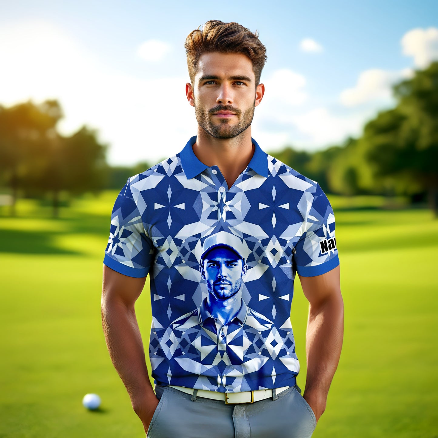 Custom Face Polo Shirt – Geometric Diamond Pattern | Personalized Photo Golf Polo | Unique Gift for Him, Retro Geometric Style Shirt Style 18