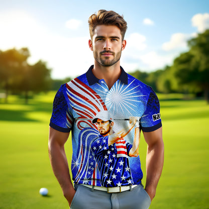 Custom Face Patriotic Golf Polo Shirt – Personalized USA Flag Design – American Pride Gift for Him – Mosaic Art Golf Shirt Style 5