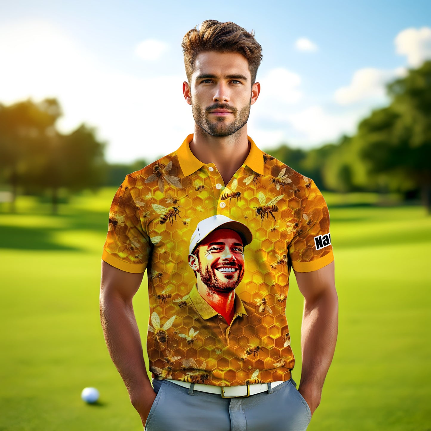 HomyGifts Men's Customized Face Artistic Golf Polo Shirt, Personalized Bee & Honeycomb Polo Shirt with Face, Funny Honey Lover Outfit, Summer Polo for Men Style 4