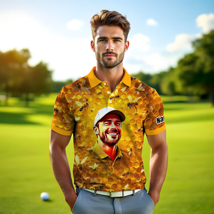 HomyGifts Men's Customized Face Artistic Golf Polo Shirt, Personalized Bee & Honeycomb Polo Shirt with Face, Funny Honey Lover Outfit, Summer Polo for Men Style 4