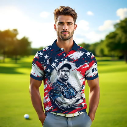 HomyGifts Men's Customized Face Artistic Golf Polo Shirt, Personalized American Flag Design, Unique Gift for Patriotic Golfers Style 15