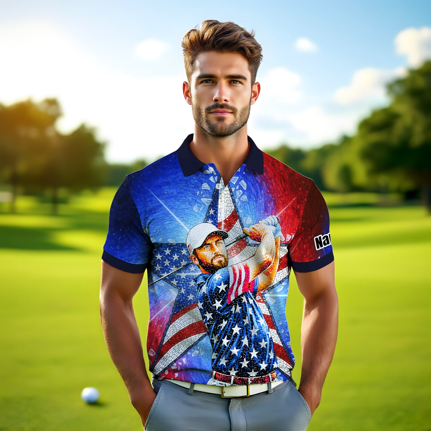 Custom Face Patriotic Golf Polo Shirt – Personalized USA Flag Design – American Pride Gift for Him – Mosaic Art Golf Shirt Style 2