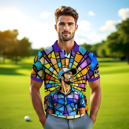 Custom Face Golf Polo Shirt – Personalized Stained Glass Art Shirt, Unique Golf Gift for Him, Colorful Abstract Golf Polo, Custom Sportswear