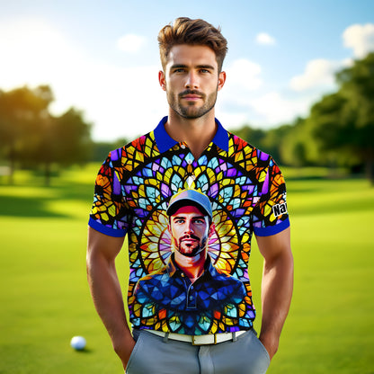 Custom Face Golf Polo Shirt – Personalized Stained Glass Mandala Style Polo, Unique Gift for Men & Women, Vibrant Artistic Golf Shirt, Custom Photo Polo