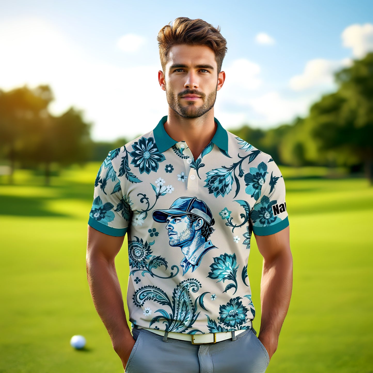 Custom Retro Pattern Art Polo Shirt – Personalized Face & Name | Vintage Floral Pattern Collared Shirt for Men Style 1