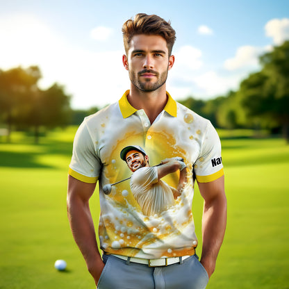 HomyGifts Men's Customized Face Artistic Golf Polo Shirt, Beer pattern Design, Special Gift for Beer & Golf Lovers, Summer Party Outfit, Unique Gift for Men Style 12