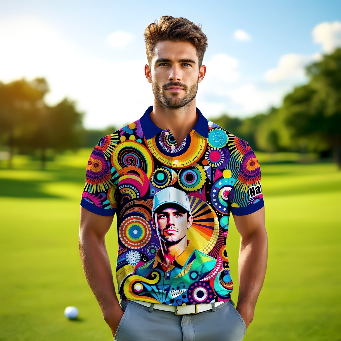 HomyGifts Custom Face Polo Shirt – Personalized Abstract Geometric Art Photo Shirt, Unique Gift for Him & Her