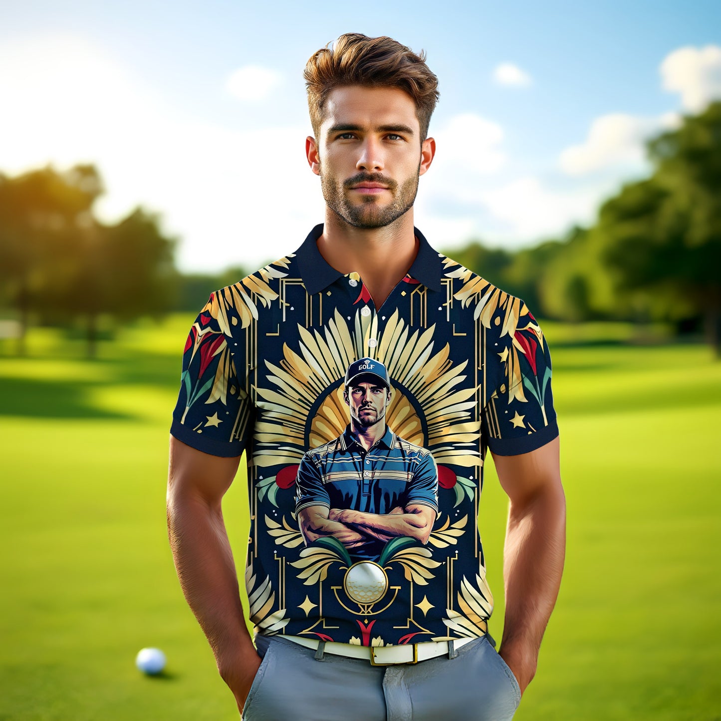 Custom Face Golf Polo Shirt – Swing in Gold Art Deco Revival Style | Personalized Golf Shirt for Men Style 3