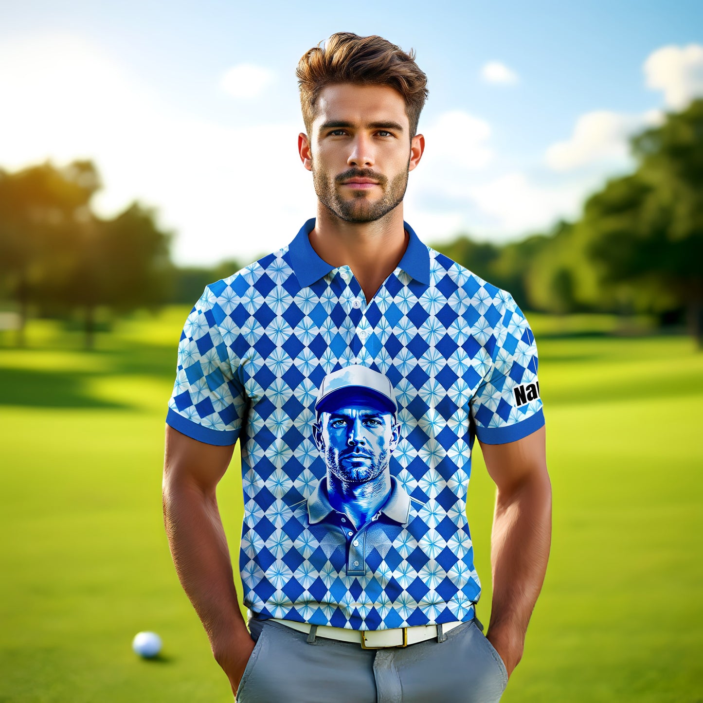 Custom Face Polo Shirt – Geometric Diamond Pattern | Personalized Photo Golf Polo | Unique Gift for Him, Retro Geometric Style Shirt Style 13