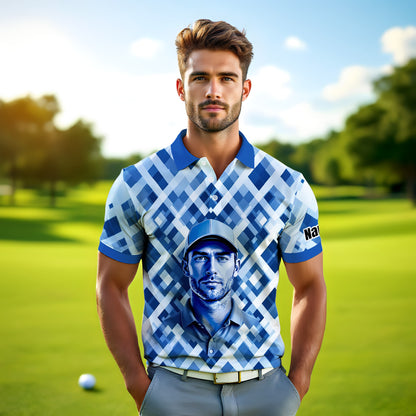 Custom Face Polo Shirt – Geometric Diamond Pattern | Personalized Photo Golf Polo | Unique Gift for Him, Retro Geometric Style Shirt Style 11