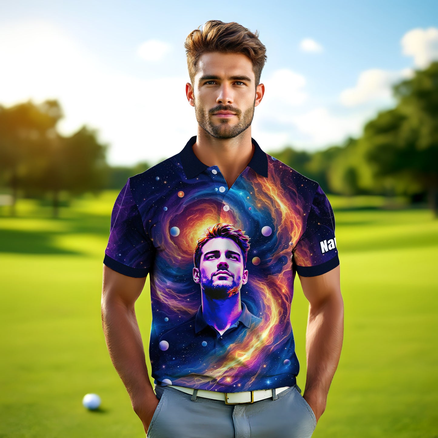 Custom Cosmic Portrait Polo Shirt – Personalized Surreal Galaxy Art with Your Face | Unique Gift for Golfers, Sports & Astrology Fans Style 7