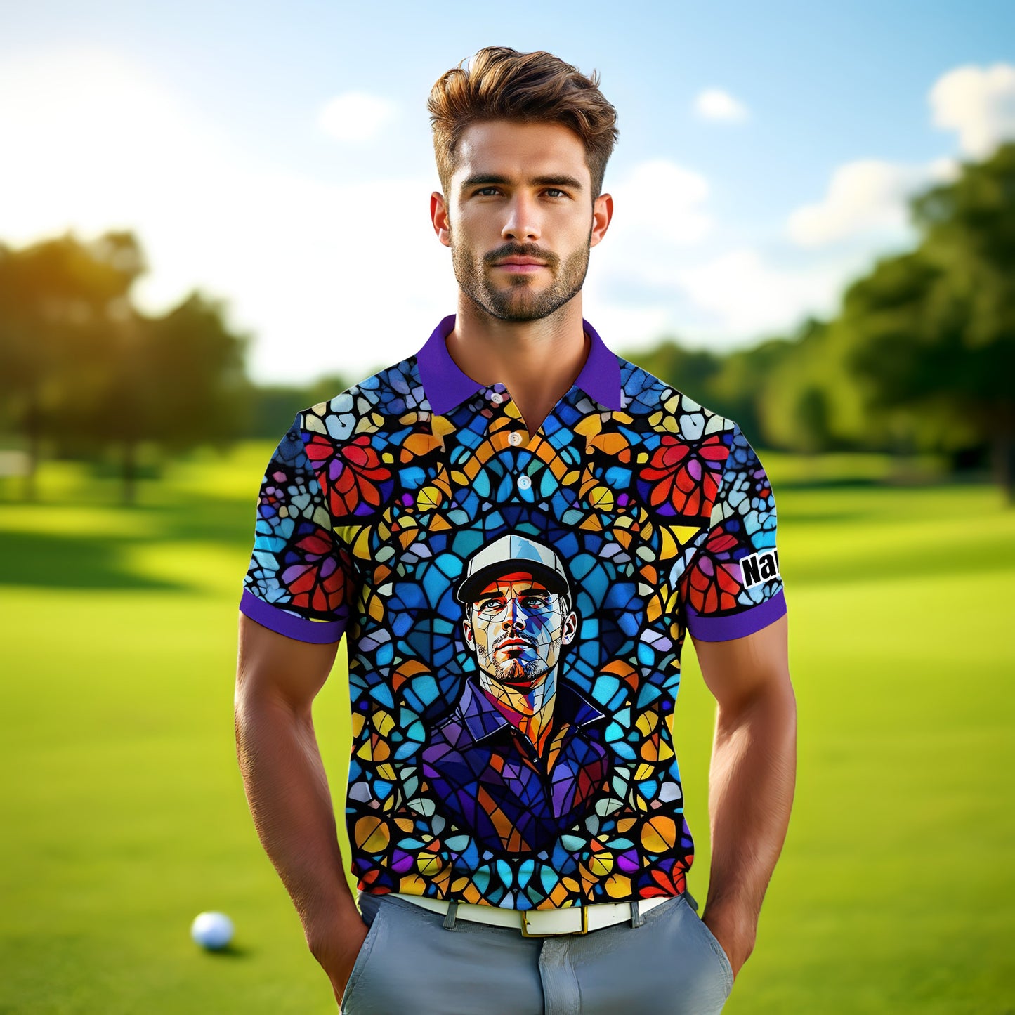 Custom Face Golf Polo Shirt – Personalized Stained Glass Art Shirt, Unique Golf Gift for Him, Colorful Abstract Golf Polo, Custom Sportswear