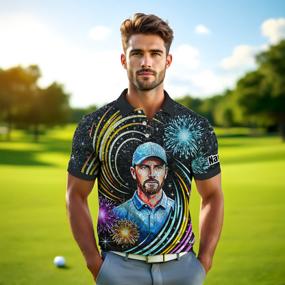 Custom Face Golf Polo Shirt – New Year Fireworks Edition | Personalized Golf Polo | Unique Holiday Gift for Him 2025 Style 7