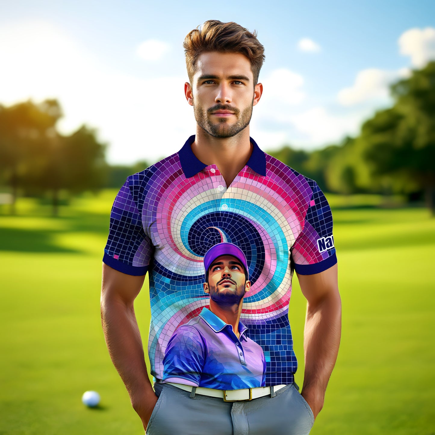 HomyGifts Men's Customized Face Artistic Golf Polo Shirt, Mosaic Art Style, Unique Personalized Golf Polo For Men