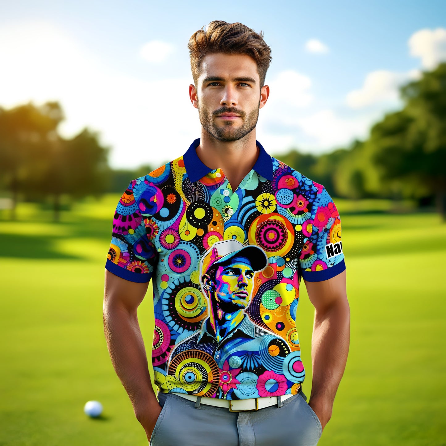 HomyGifts Custom Face Polo Shirt – Personalized Abstract Geometric Art Photo Shirt, Unique Gift for Him & Her