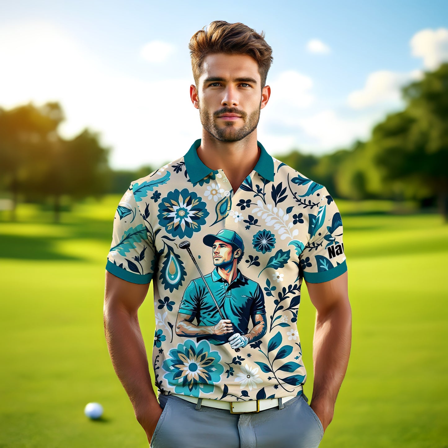 Custom Retro Pattern Art Polo Shirt – Personalized Face & Name | Vintage Floral Pattern Collared Shirt for Men Style 3