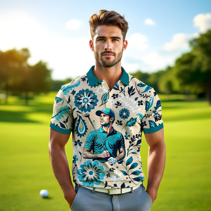 Custom Retro Pattern Art Polo Shirt – Personalized Face & Name | Vintage Floral Pattern Collared Shirt for Men Style 3