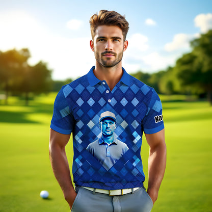 Custom Face Polo Shirt – Geometric Diamond Pattern | Personalized Photo Golf Polo | Unique Gift for Him, Retro Geometric Style Shirt Style 2