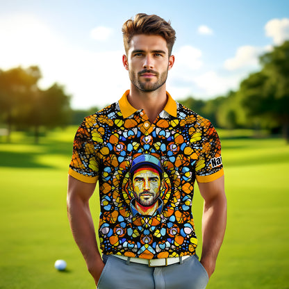 Custom Face Golf Polo Shirt – Personalized Stained Glass Mandala Style Polo, Unique Gift for Men & Women, Vibrant Artistic Golf Shirt, Custom Photo Polo