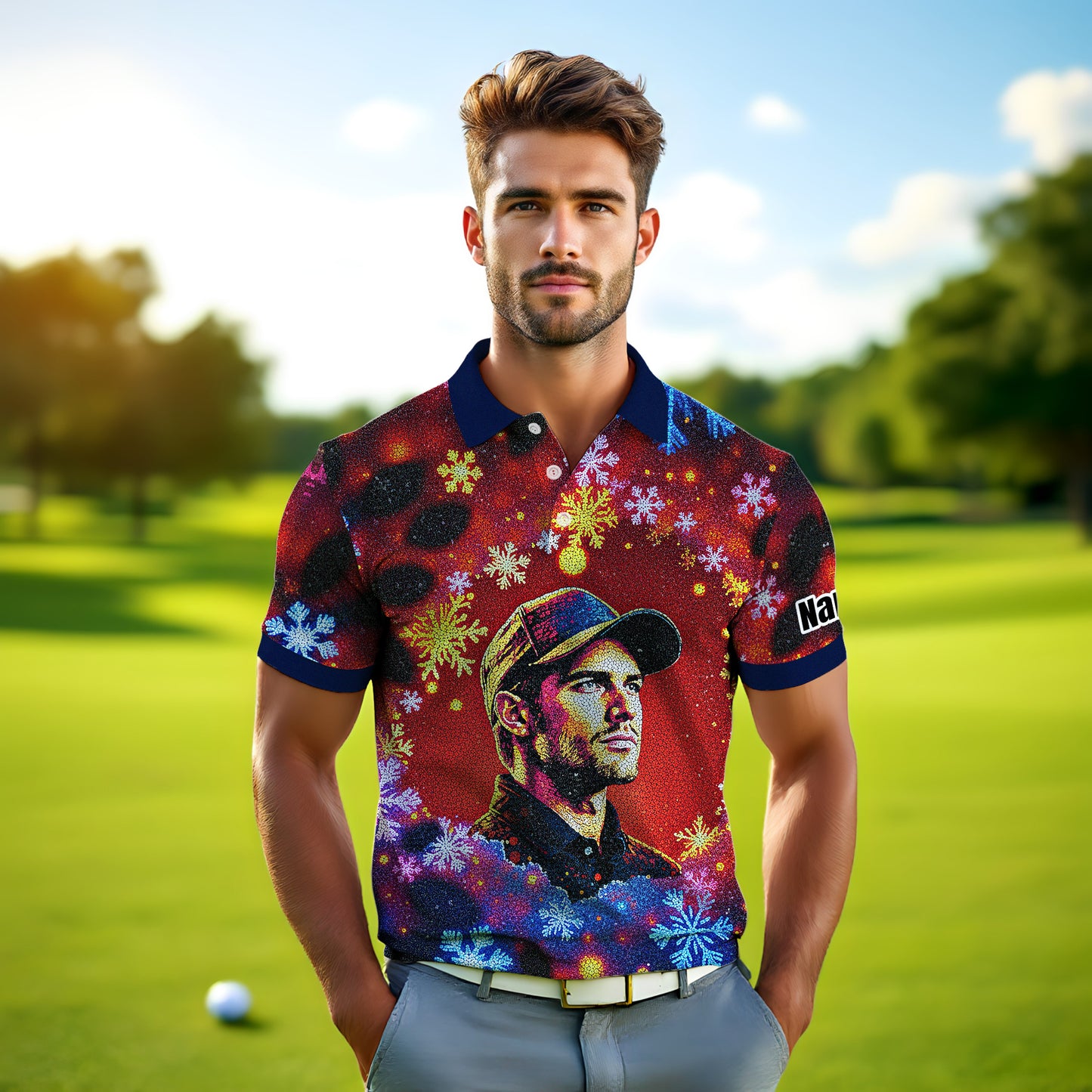 Custom Face Golf Polo Shirt – Personalized Christmas Golf Shirt for Him, Unique Holiday Gift for Golfer, Snowflake Design Golf Apparel Style 12